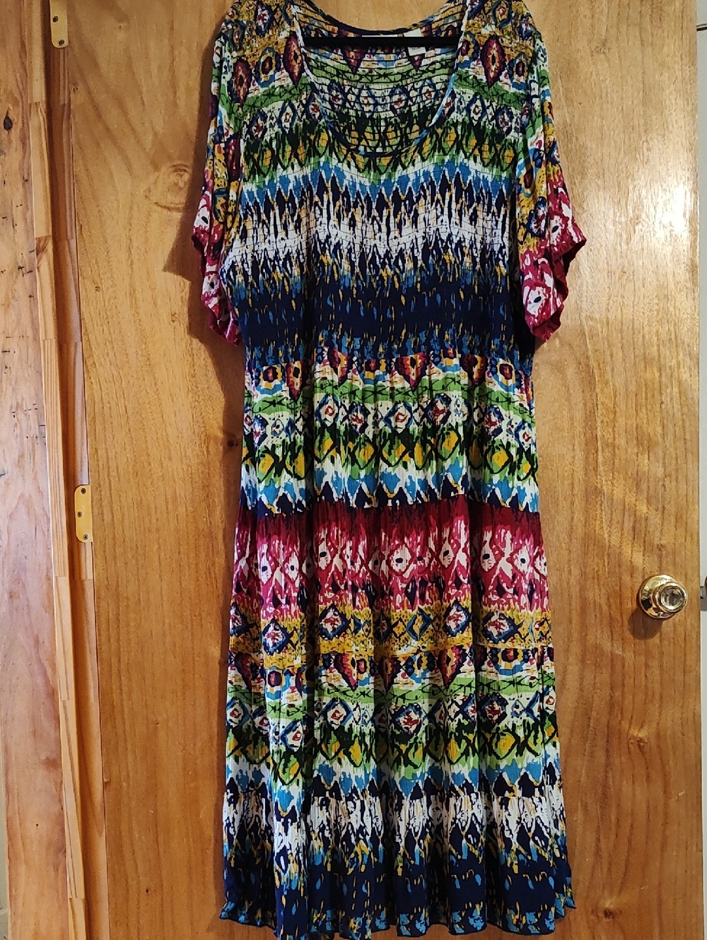 Draper's&Damon's Smocked Maxi Dress Colorful Boho Print Navy Pink Green India 3X